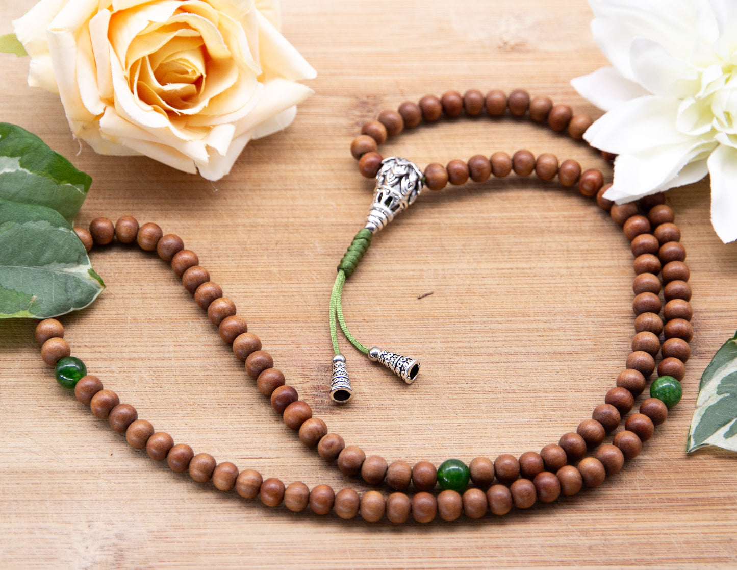 Sandalwood & Taiwanese Jade Mala – 9mm