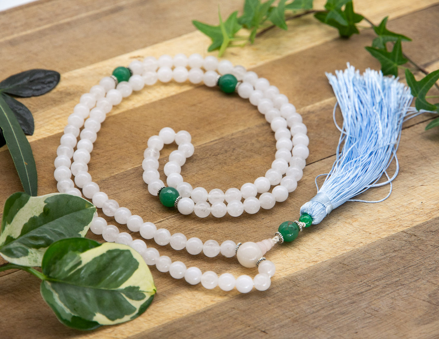 White Quartz & Green Jade Mala – 8mm