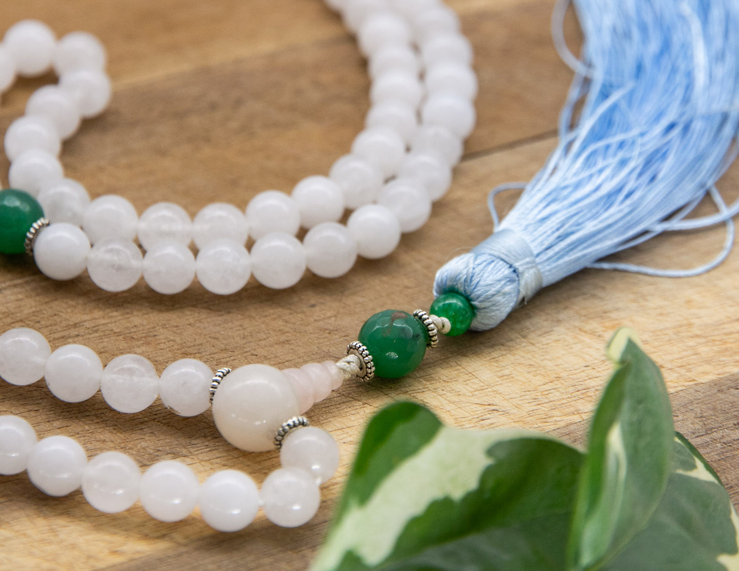 White Quartz & Green Jade Mala – 8mm