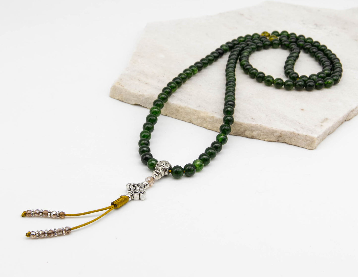 Taiwanese Jade Mala with Silver Lotus – 8mm