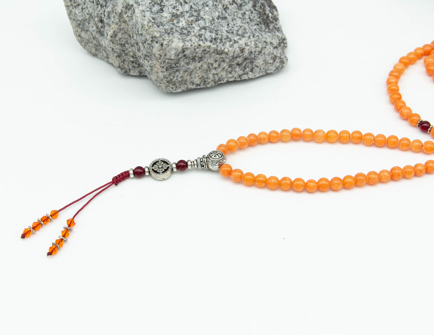 Orange Calcite Mala with Silver Double Dorje – 6mm