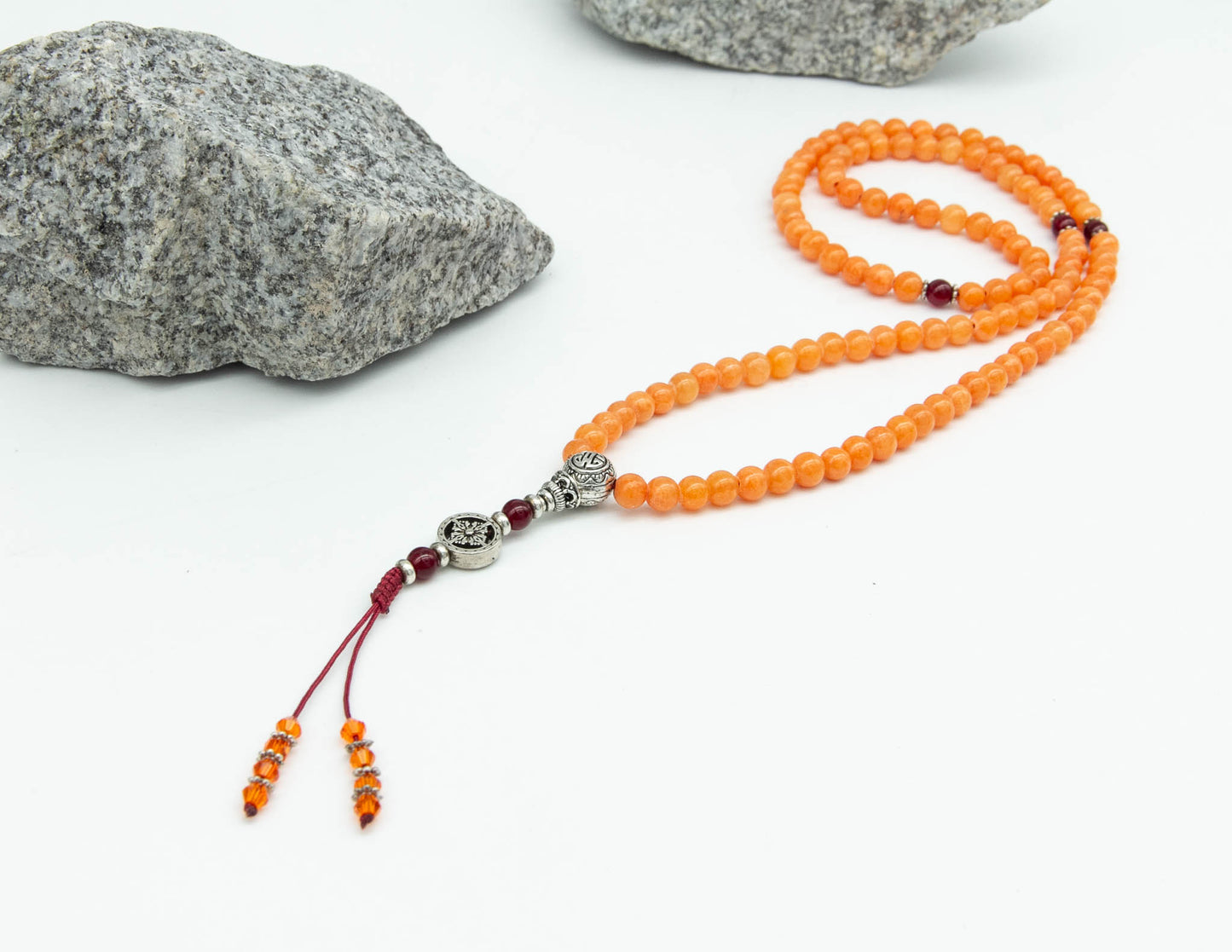 Orange Calcite Mala with Silver Double Dorje – 6mm