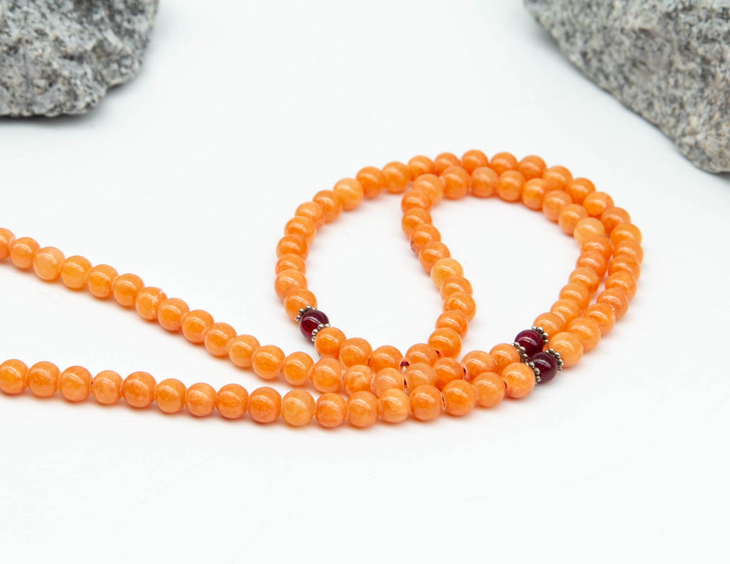Orange Calcite Mala with Silver Double Dorje – 6mm