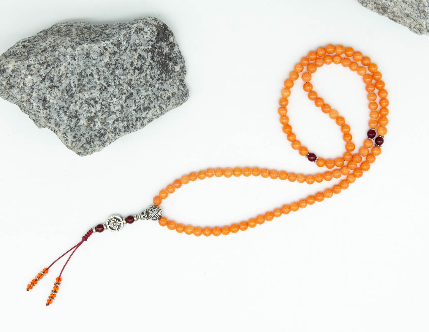 Orange Calcite Mala with Silver Double Dorje – 6mm