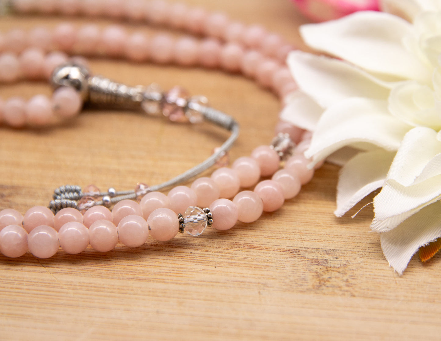 Pink Angelite & Faceted Glass Mala – 6mm
