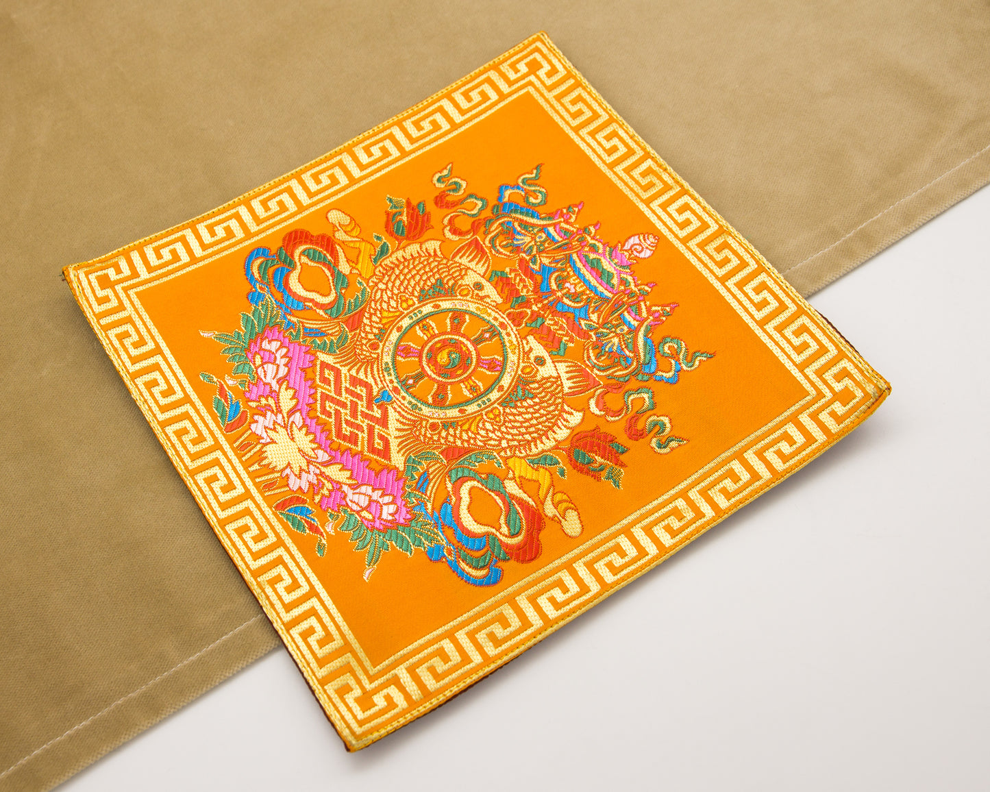 Square Brocade Cloth / Bell & Dorje Mat – Finely Embroidered Dharma Wheel