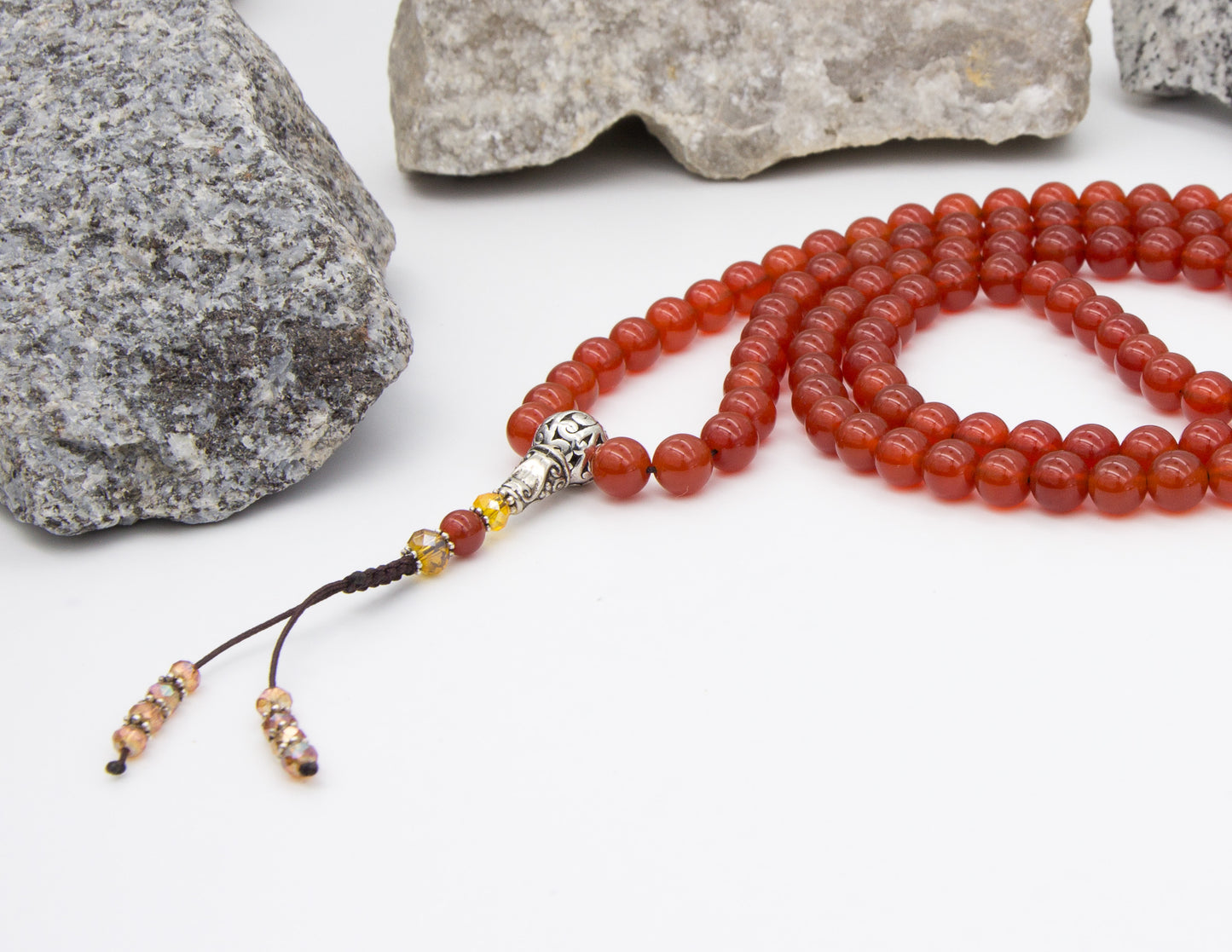 Carnelian & Faceted Rose Glass Mala – 8mm