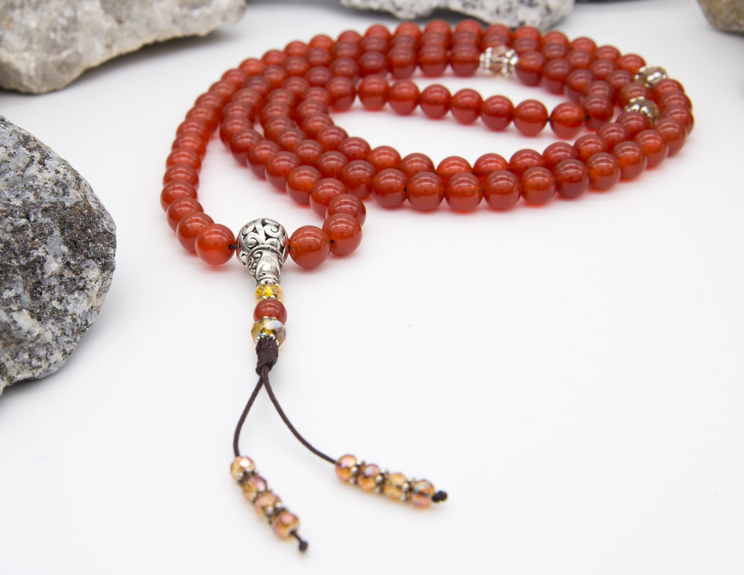 Carnelian & Faceted Rose Glass Mala – 8mm