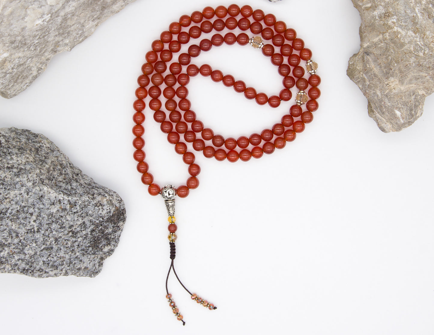 Carnelian & Faceted Rose Glass Mala – 8mm