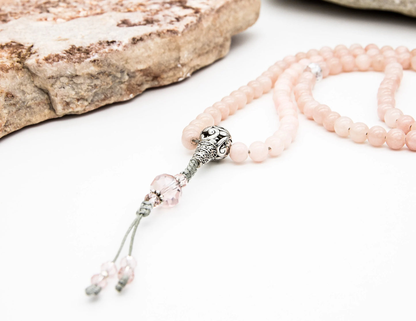 Pink Angelite & Faceted Glass Mala – 6mm