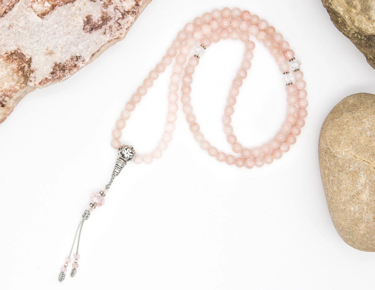 Pink Angelite & Faceted Glass Mala – 6mm