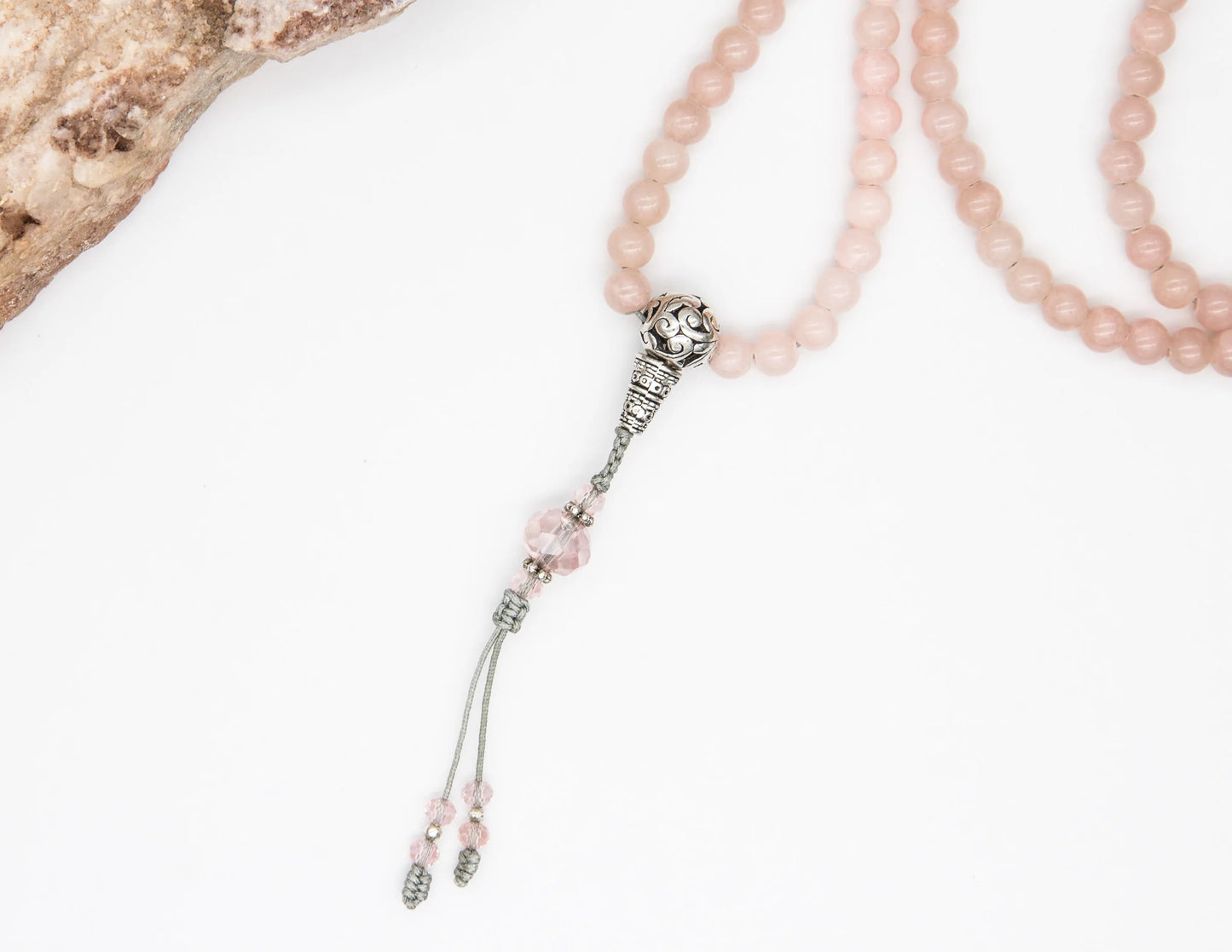 Pink Angelite & Faceted Glass Mala – 6mm