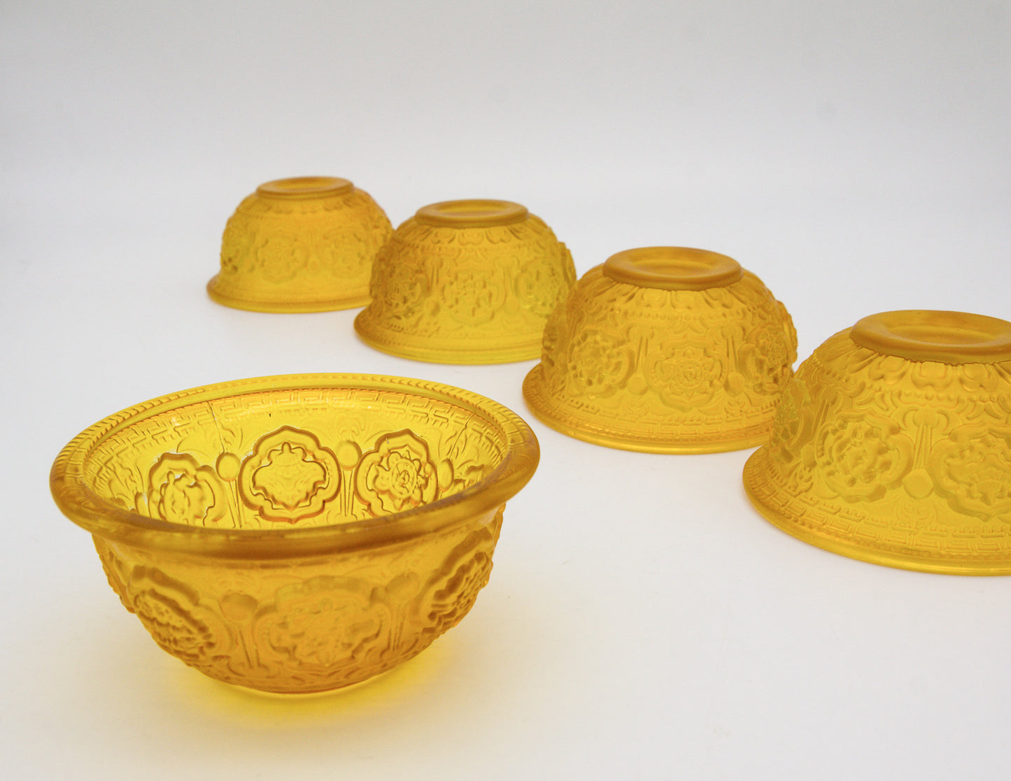 Auspicious Symbols Offering Bowl Set, Yellow Glass  – 10 cm