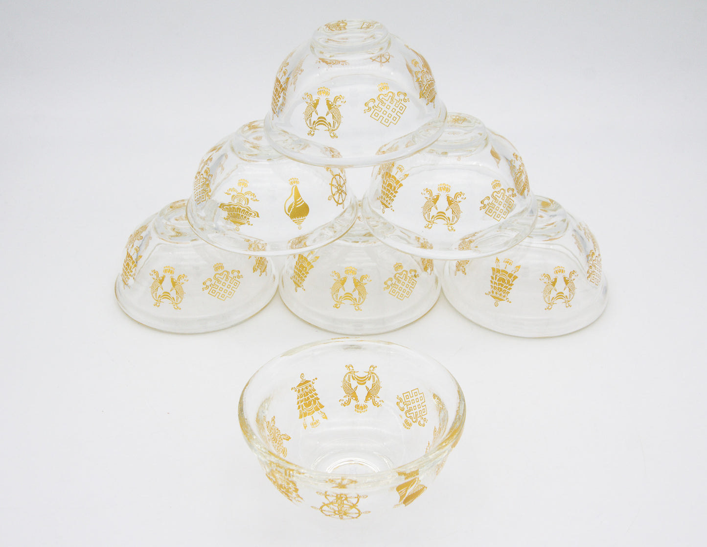 Golden Auspicious Symbols Offering Bowl Set, Glass – 9 cm