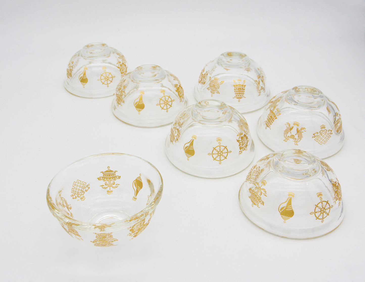 Golden Auspicious Symbols Offering Bowl Set, Glass – 9 cm