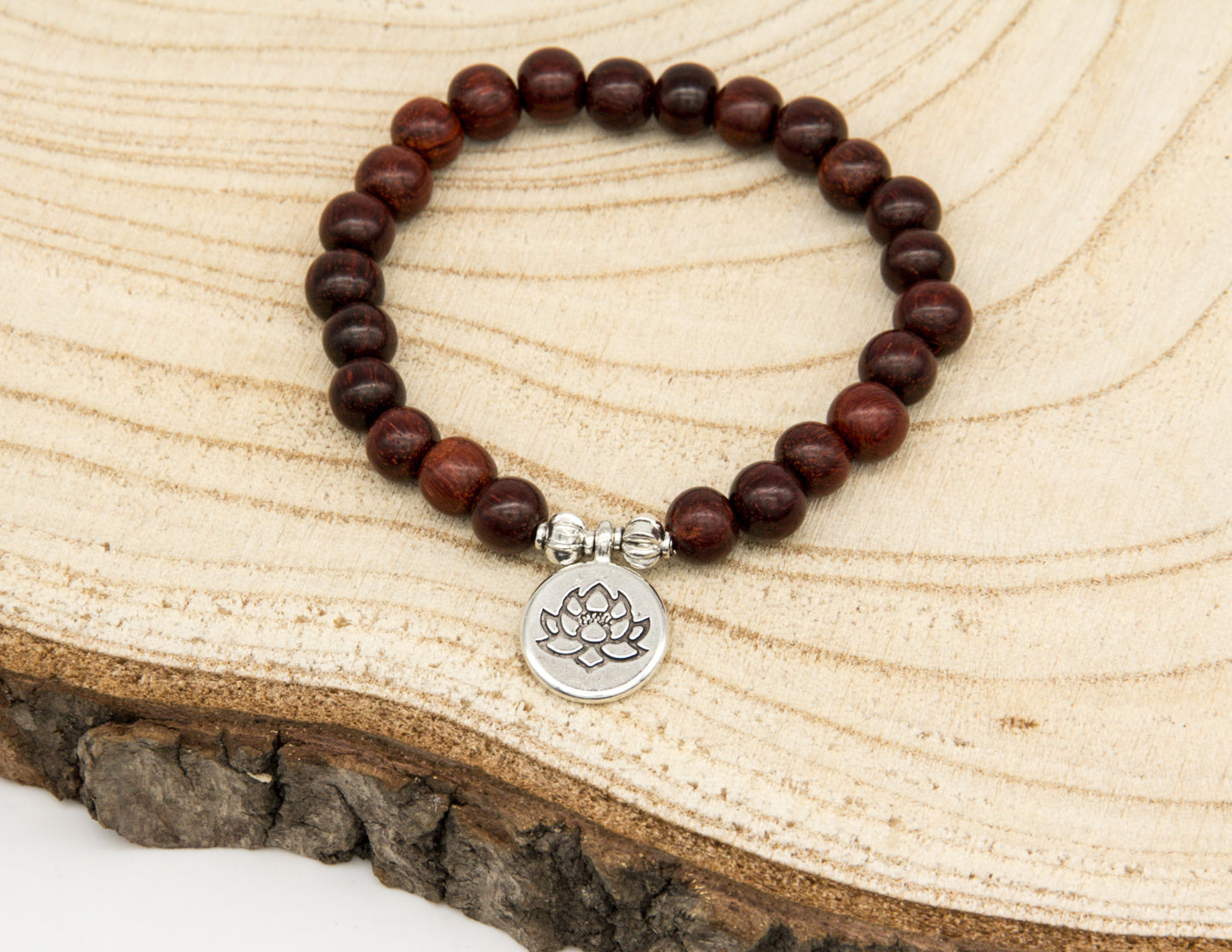 Rosewood Bracelet with Lotus Pendant – 8mm