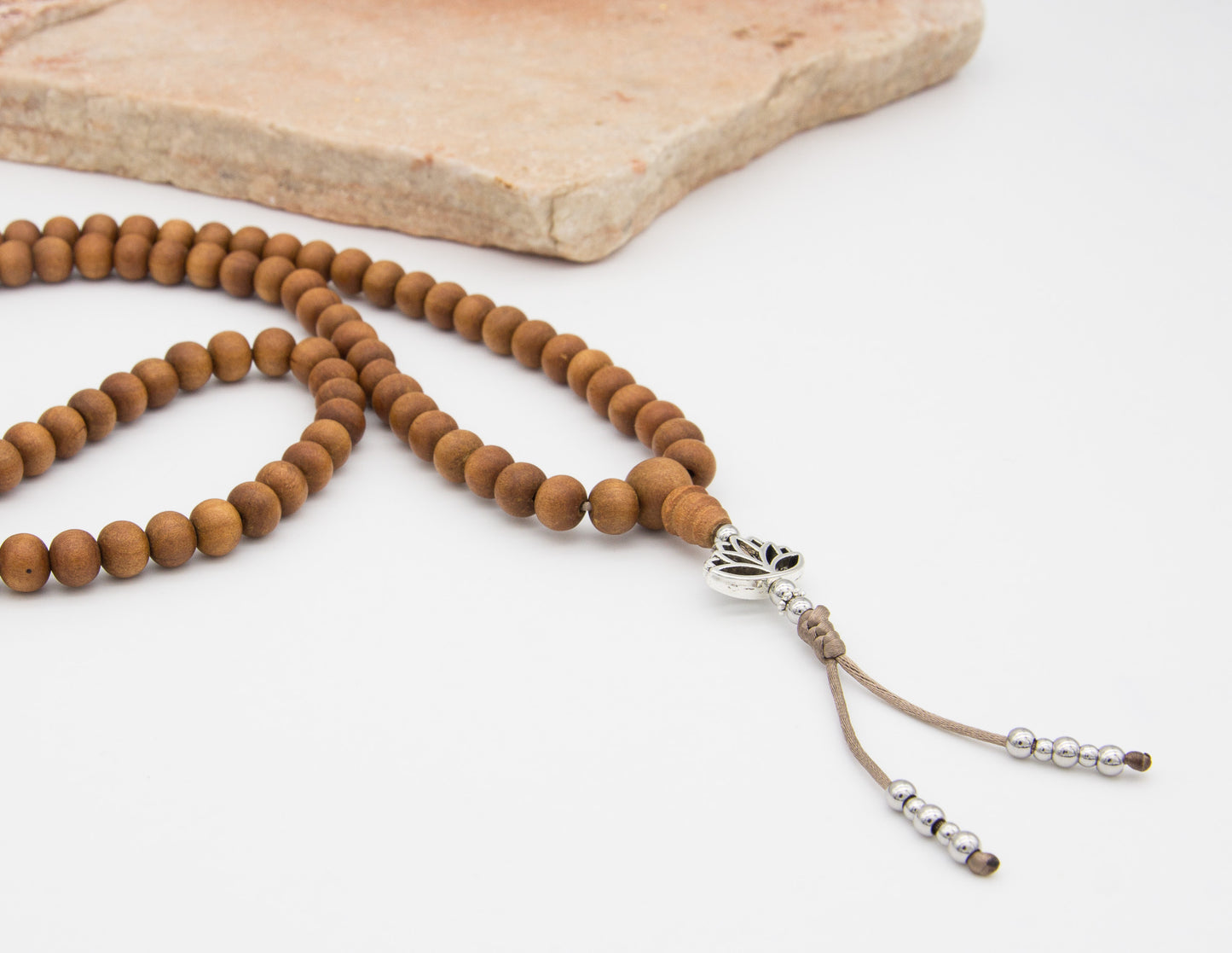 Sandalwood & Silver Mala with Lotus – 8mm