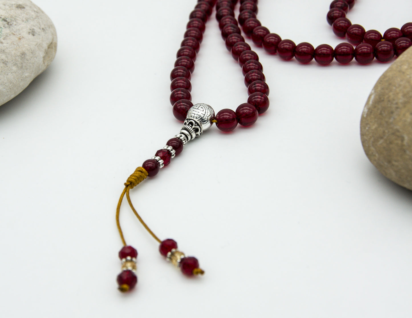 Garnet & Faceted Rose Glass Mala – 8mm