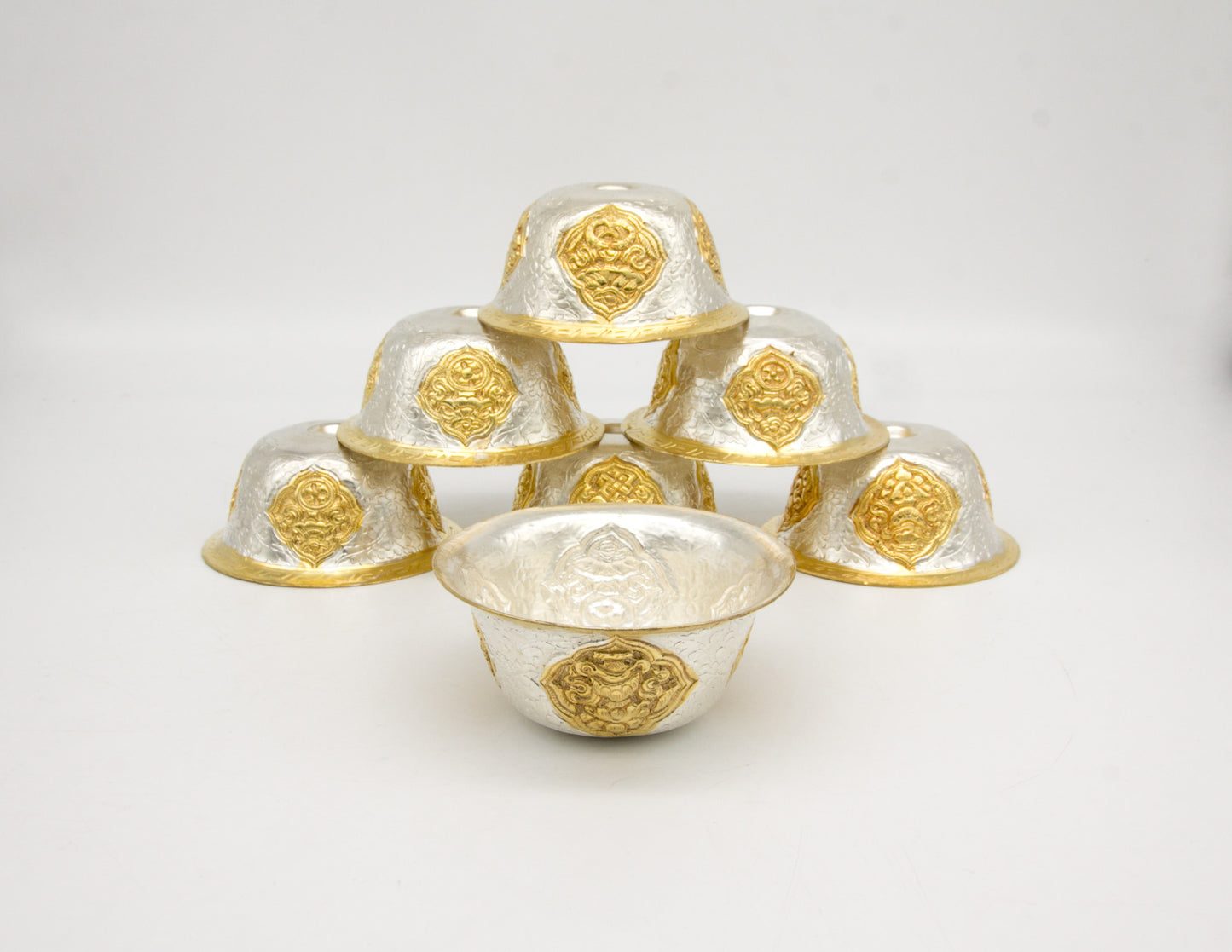 Handcrafted Embossed Offering Bowl Set, Silver & Gold-Plated – 8cm