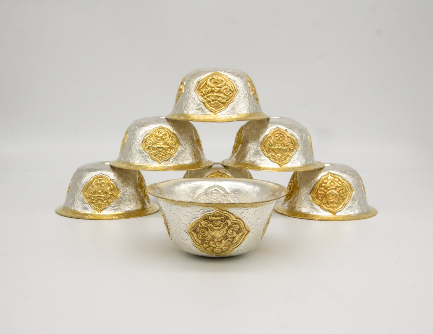 Handcrafted Embossed Offering Bowl Set, Silver & Gold-Plated – 8cm