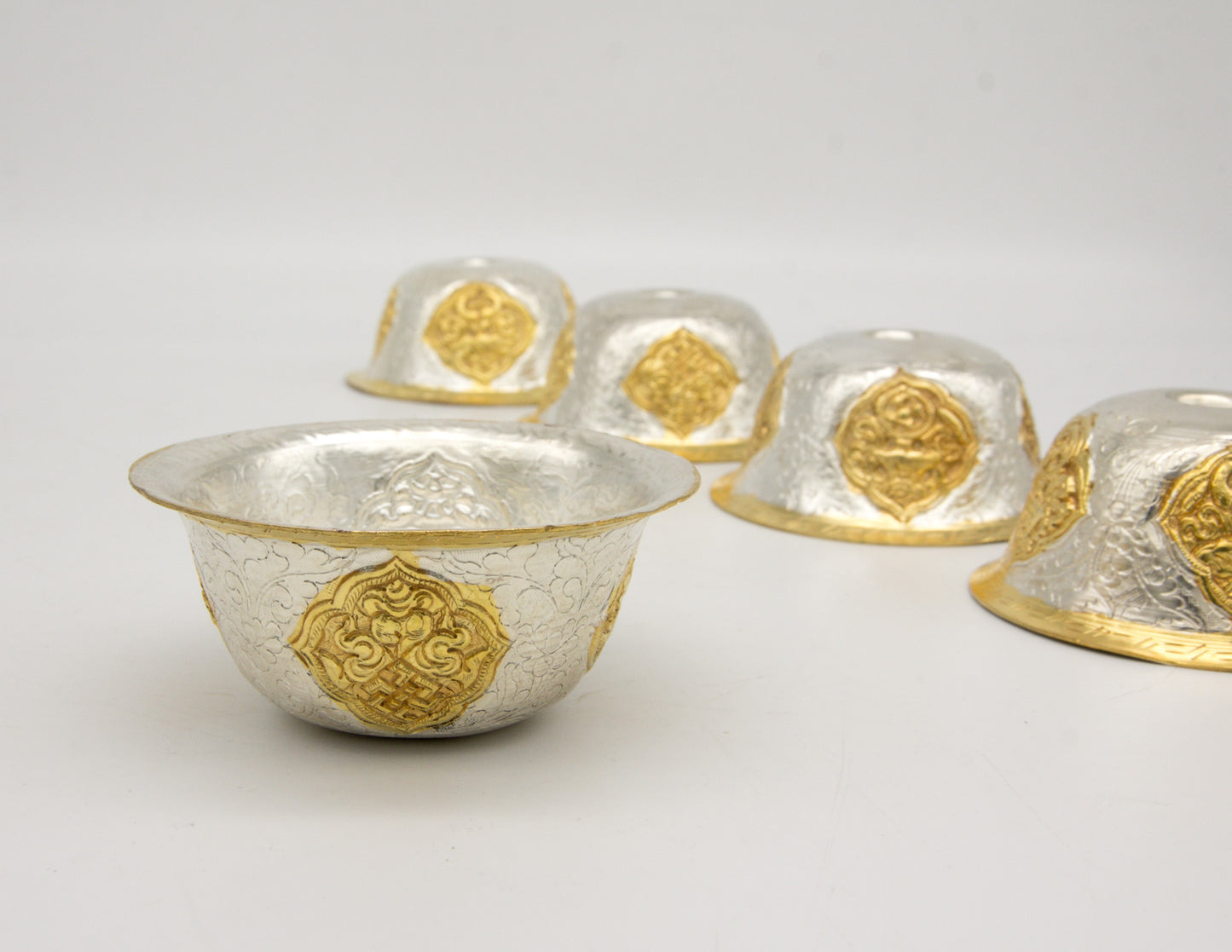 Handcrafted Embossed Offering Bowl Set, Silver & Gold-Plated – 8cm