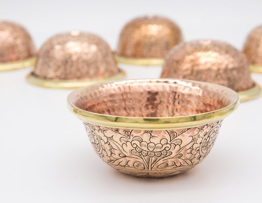 Engraved Offering Bowl Set, Polished Copper – 9 cm