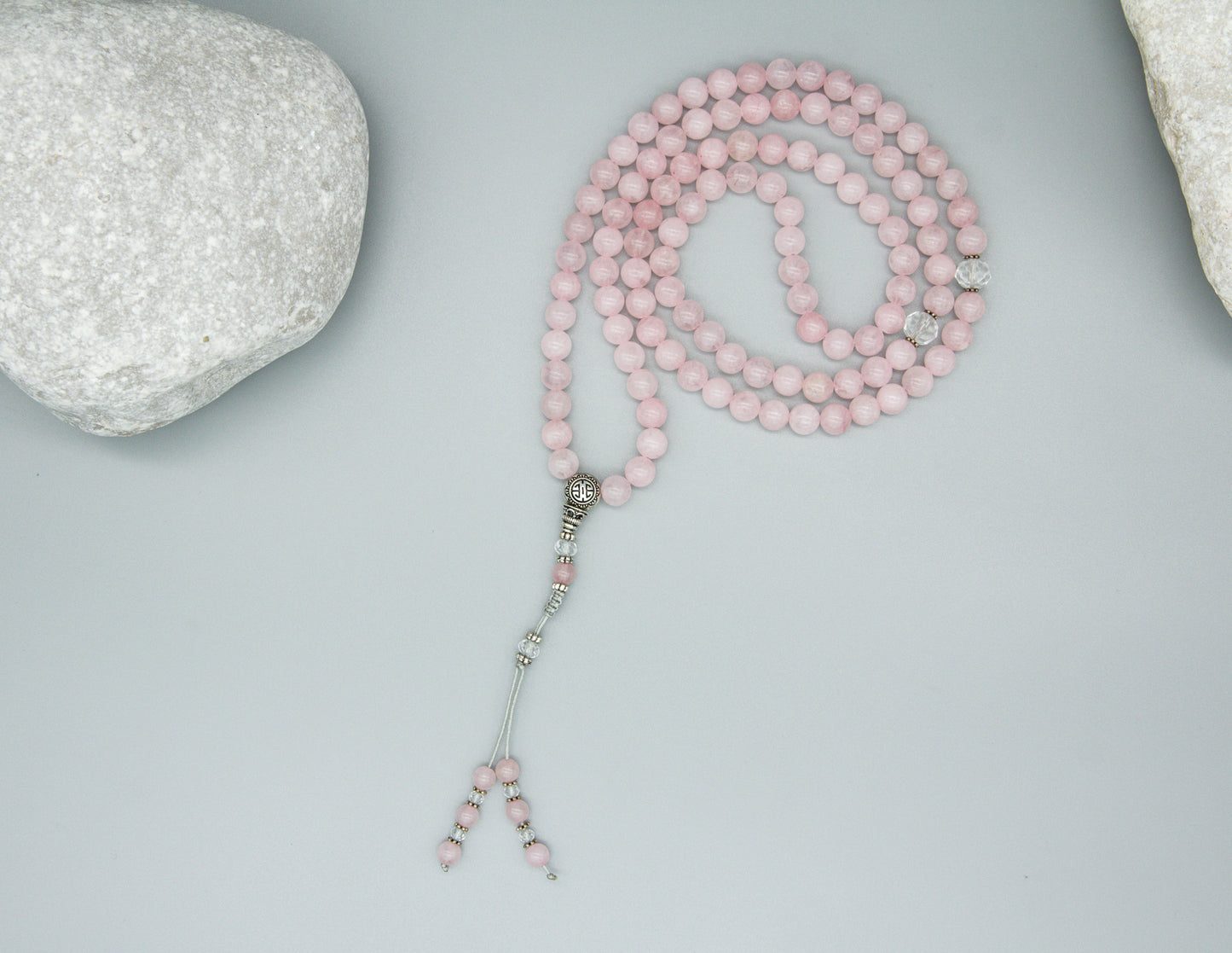 Rose Quartz & Faceted Glass Mala – 8mm