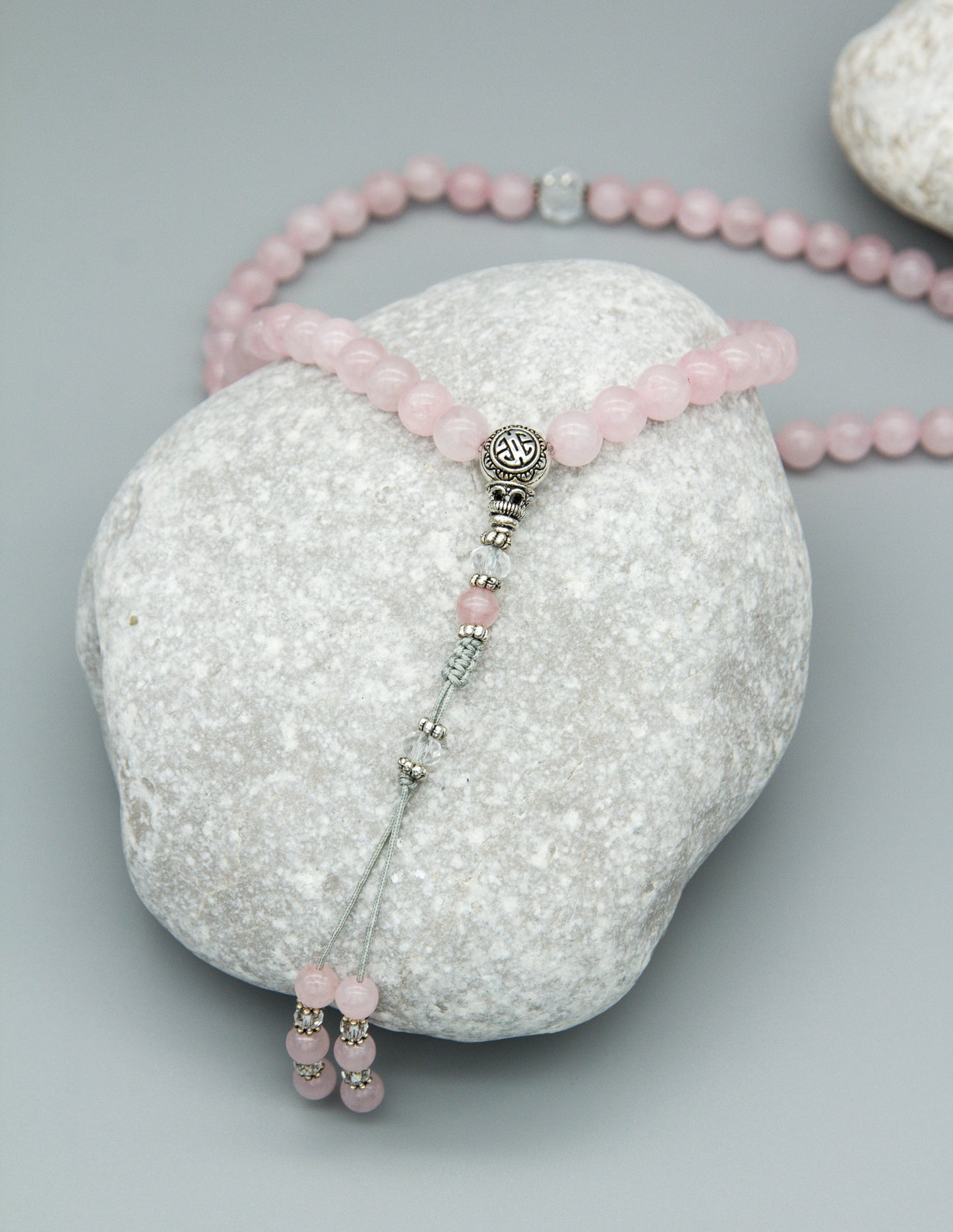 Rose Quartz & Faceted Glass Mala – 8mm