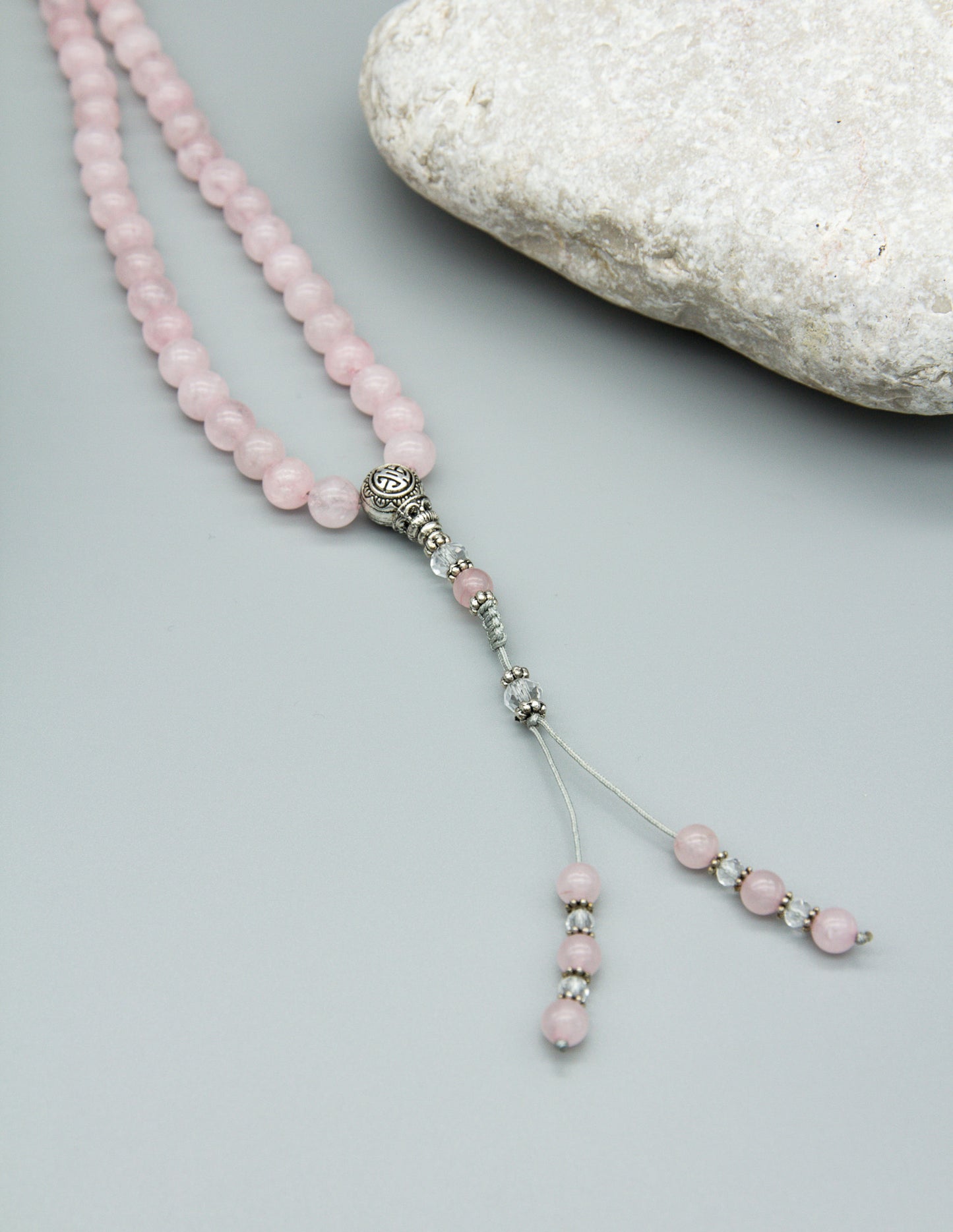 Rose Quartz & Faceted Glass Mala – 8mm