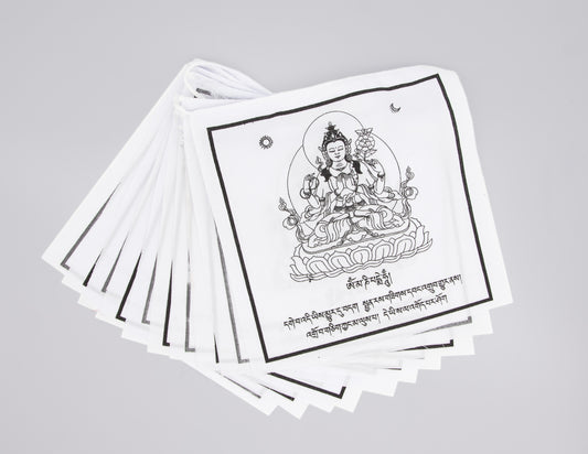 Four-armed Chenrezig Prayer Flags, 20x20cm, White