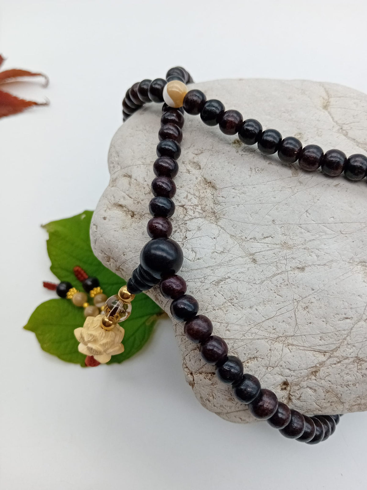 POS Dark Rose Wood Mala & Mother of Pearl & White Lotus 6mm