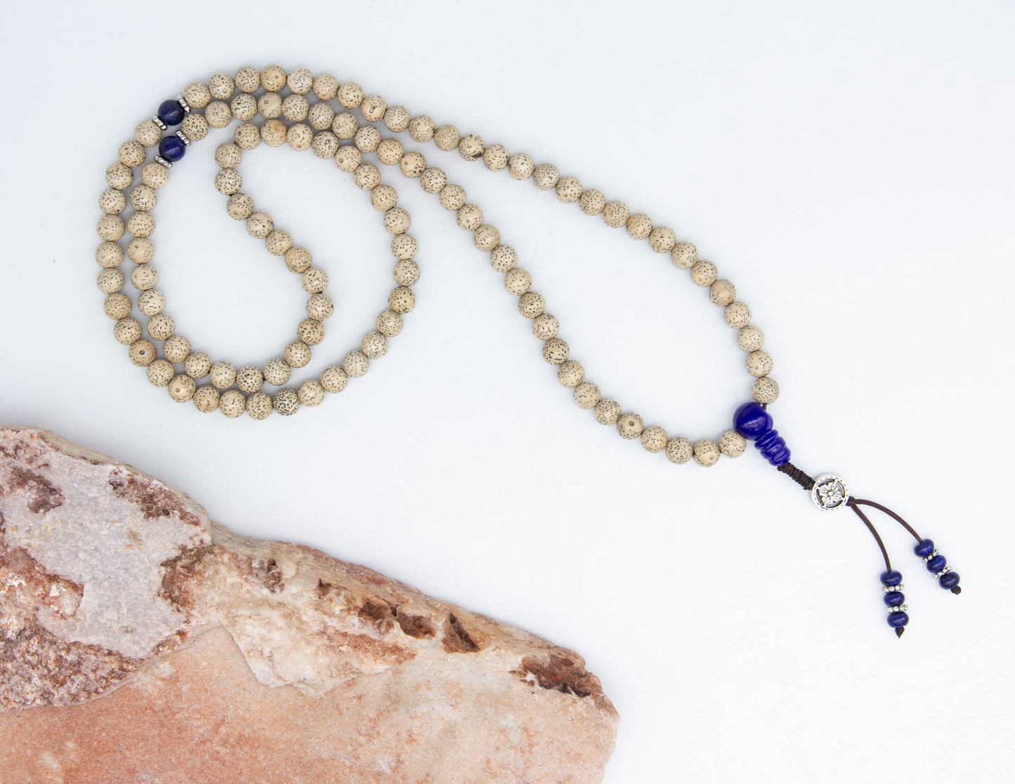 Lotus Seed & Lapis Lazuli Mala with Silver Double Dorje – 8mm