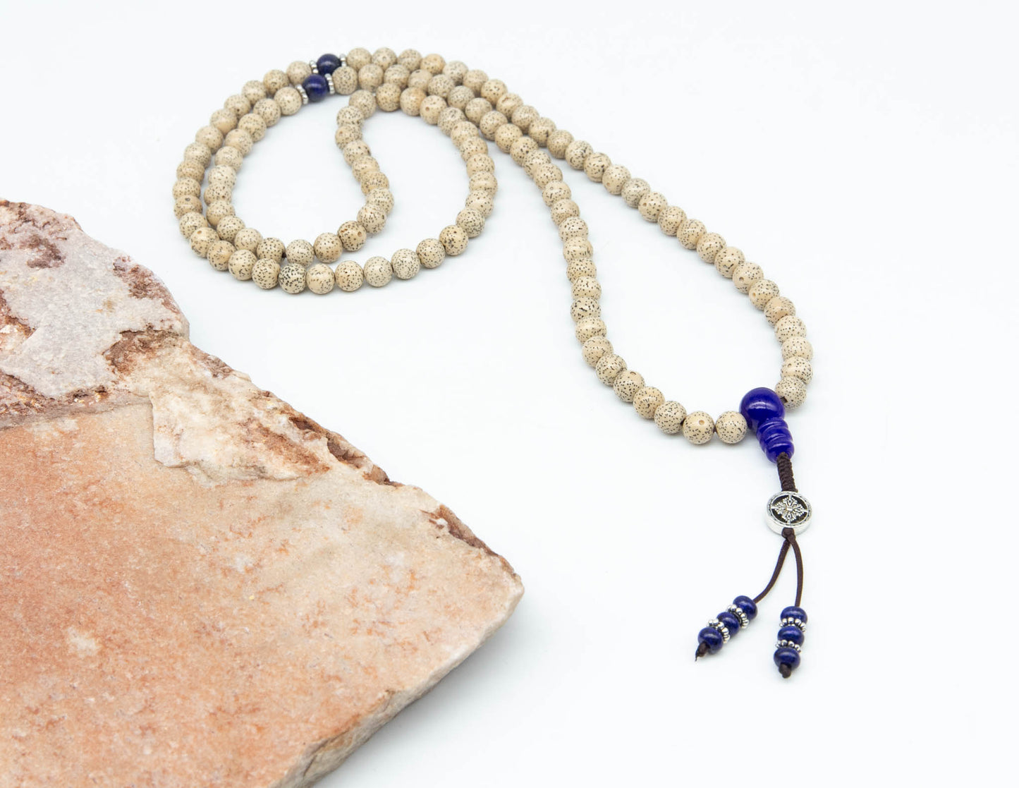 Lotus Seed & Lapis Lazuli Mala with Silver Double Dorje – 8mm
