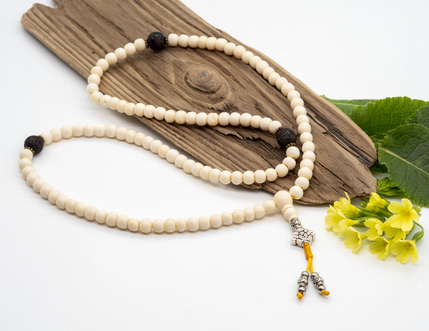Bone & Carved Wood Mala – 8mm