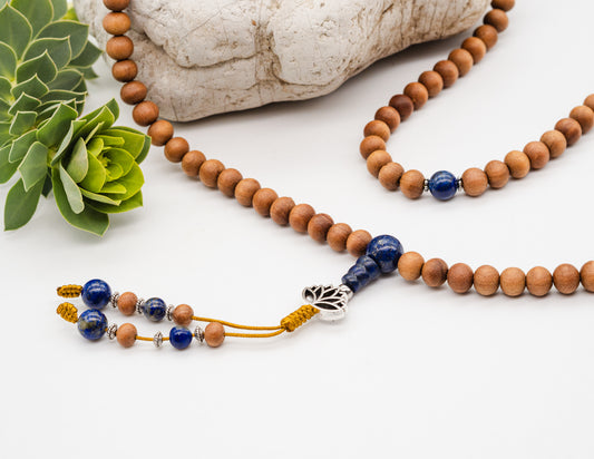 Sandalwood & Lapis Lazuli Mala with Lotus – 8mm