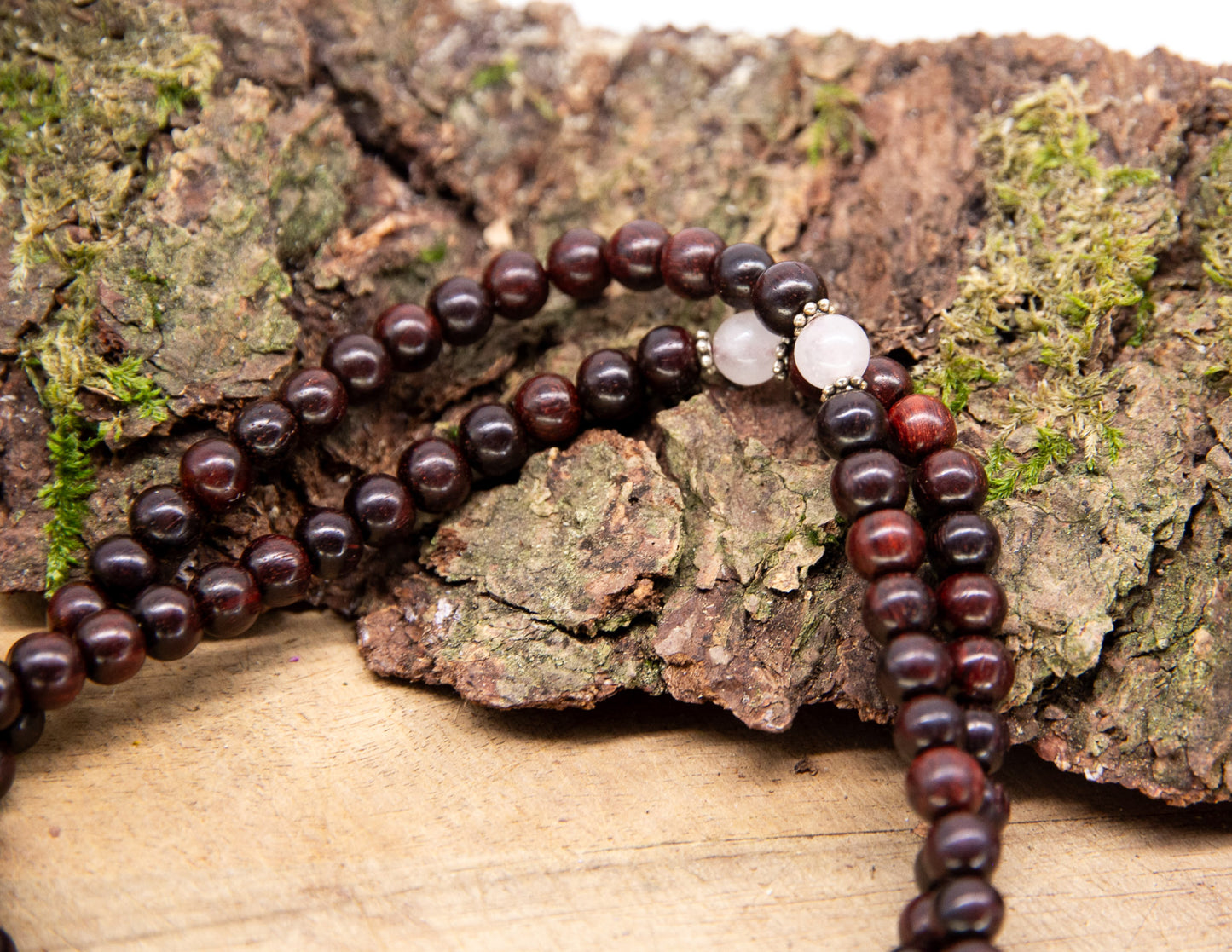 Rose Wood & Rose Crystal Mala 6mm