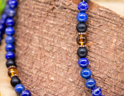 Lapislazuli & Schwarzer Onyx und Citrin Mala 8mm