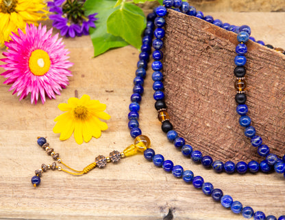 Lapislazuli & Schwarzer Onyx und Citrin Mala 8mm