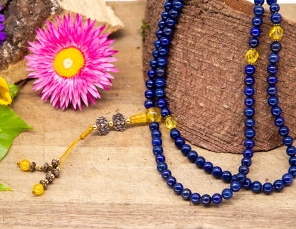 Lapis Lazuli & yellow Crystal Glass Mala 6mm