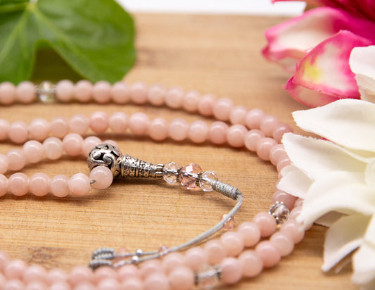 Pink Angelite & Faceted Glass Mala – 6mm
