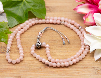 Pink Angelite & Faceted Glass Mala – 6mm