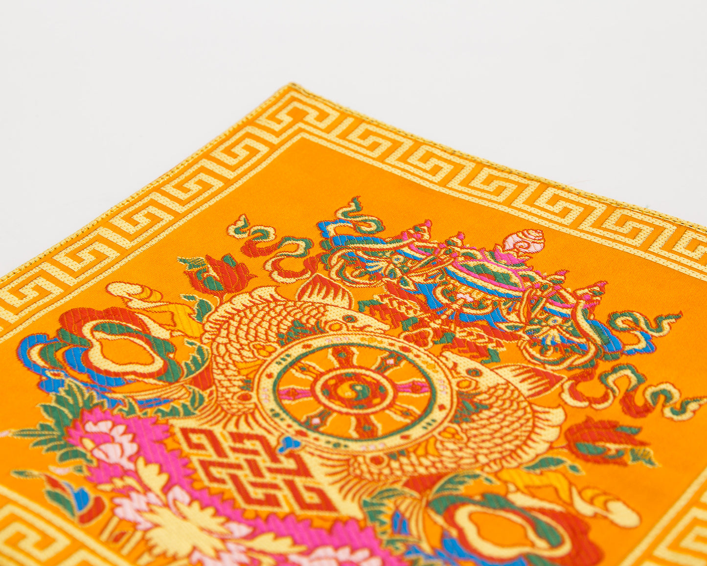 Square Brocade Cloth / Bell & Dorje Mat – Finely Embroidered Dharma Wheel