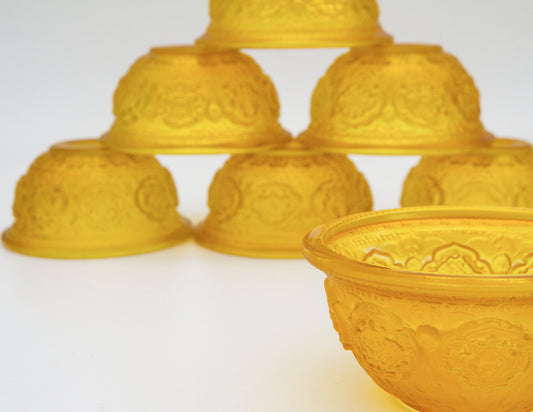 Auspicious Symbols Offering Bowl Set, Yellow Glass  – 10 cm