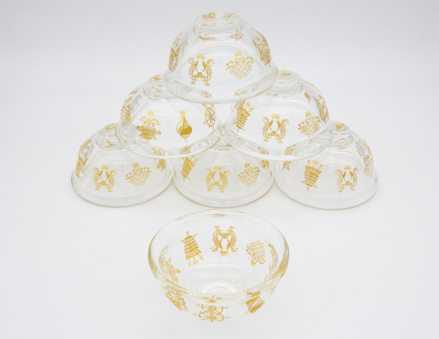 Golden Auspicious Symbols Offering Bowl Set, Glass  – 9 cm