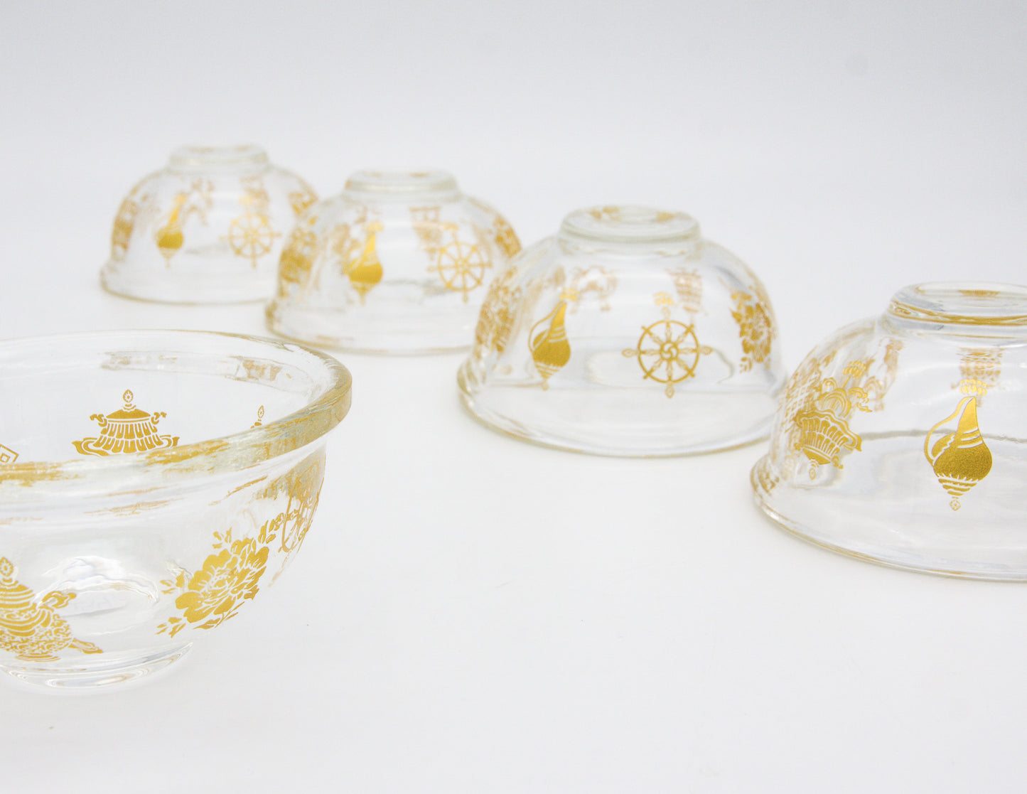 Golden Auspicious Symbols Offering Bowl Set, Glass  – 9 cm