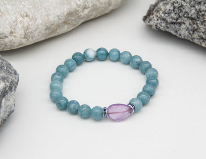 Bracelet aigue-marine naturelle avec pierre violette – 8 mm