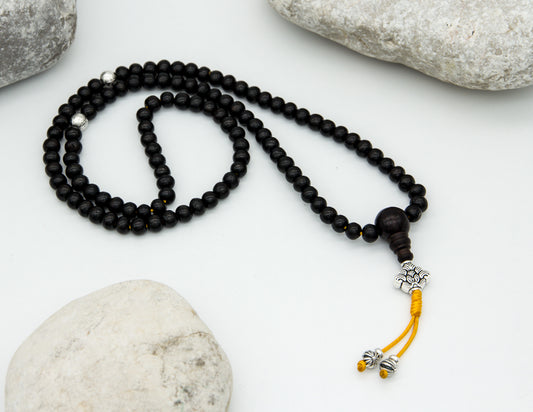 Black Rosewood Mala with Silver Lotus – 6mm