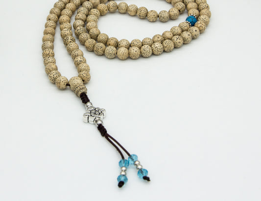 Lotus Seed & Turquoise Howlite Mala with Silver Lotus – 8mm
