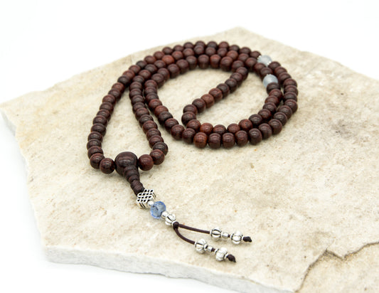 Rosewood Mala with Silver Endless Knot  – 8mm