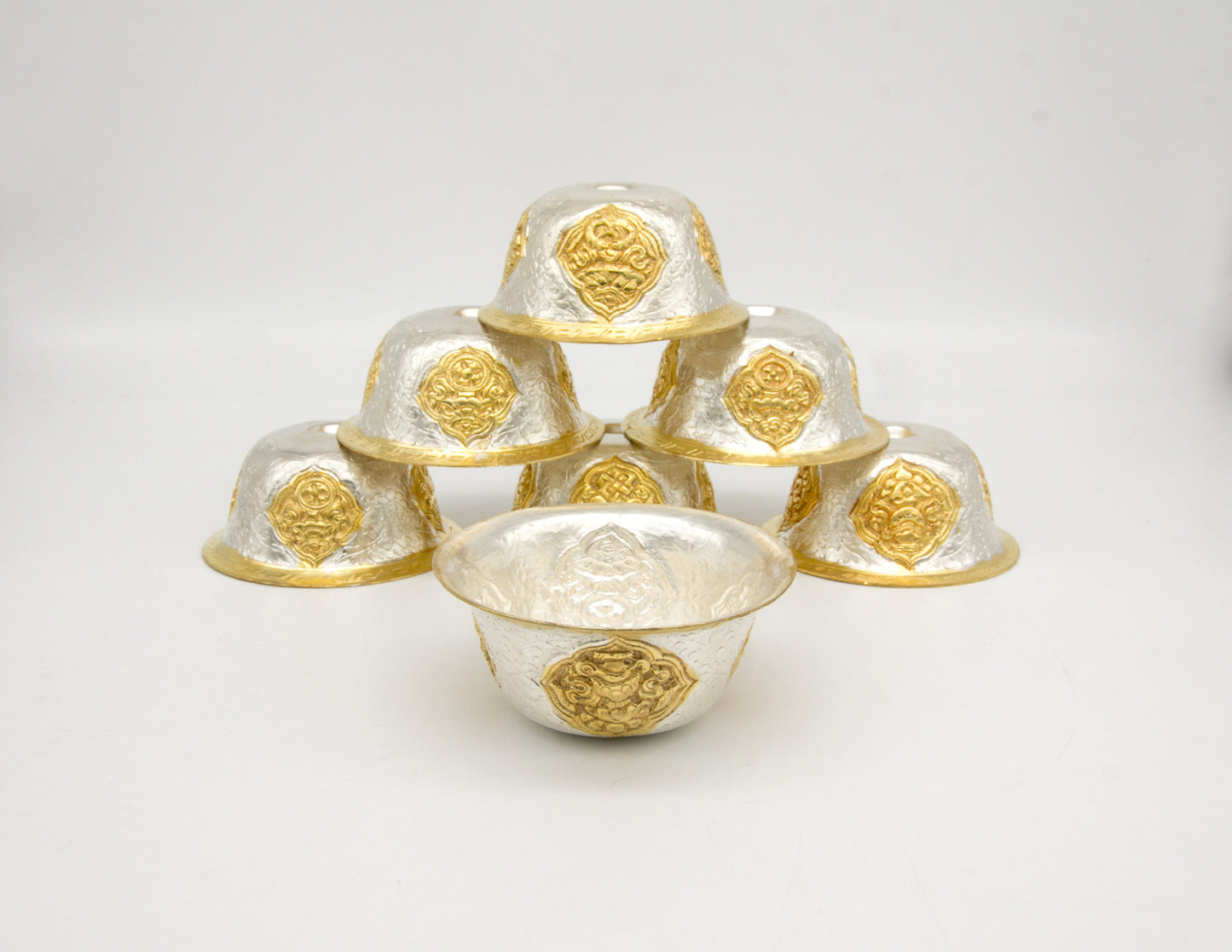 Handcrafted Embossed Offering Bowl Set, Silver & Gold-Plated – 8cm